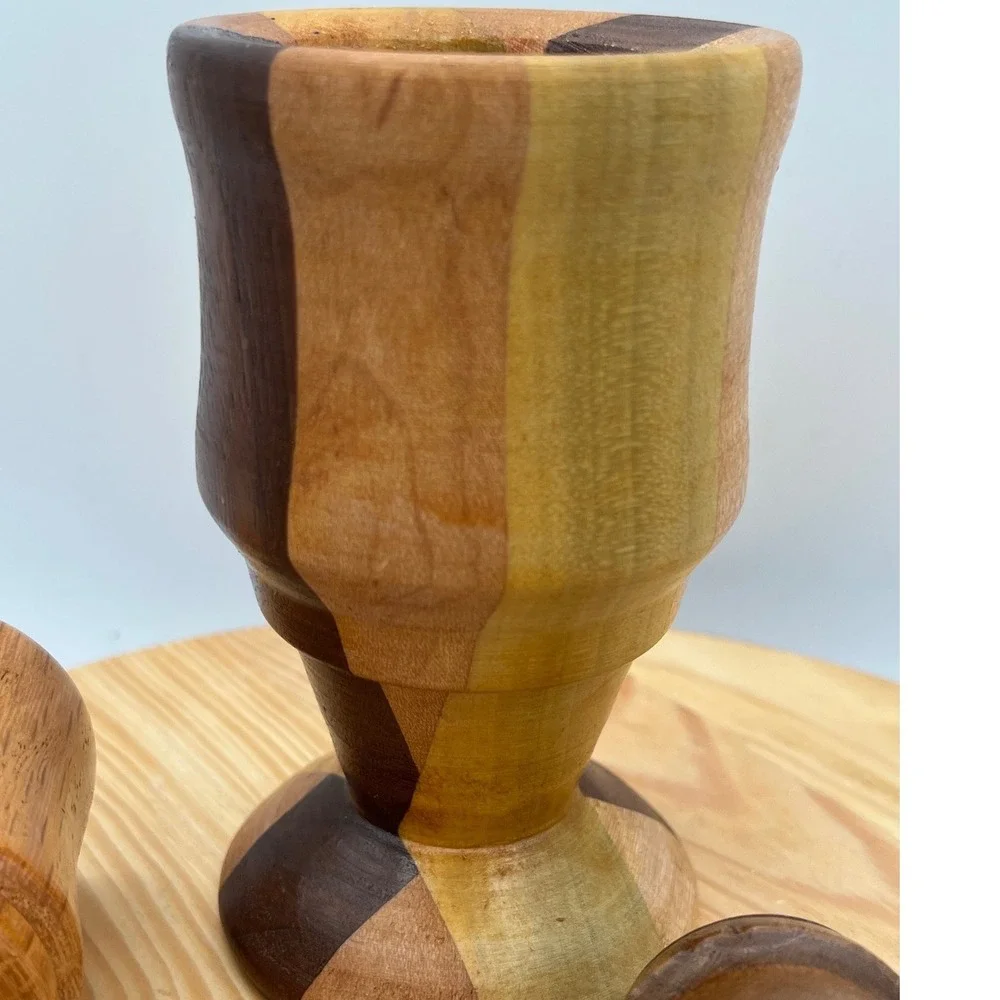 Vtg Mid Century Modern Turned Wood Candlestick Holders Set 3 minimalist